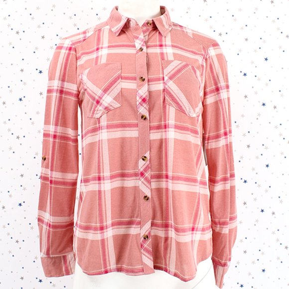 Knit Plaid Button Up Shirt Hi Lo Hem Salmon Pink - Picture 3 of 8